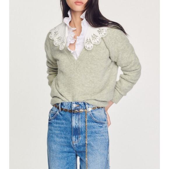 Sandro Lena Oversized Collar V-Neck Sweater Green Gray - 3/L - Picture 1 of 6